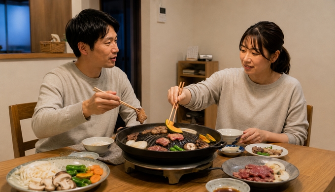 二人がジンギスカン鍋の焼け具合を見ながら、次の野菜を加えて会話している。
