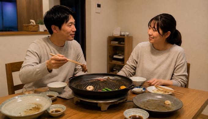 食事の終盤、二人がジンギスカン鍋に残った最後の肉を囲んで顔を見合わせている。