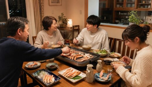 休日の夜は、ホットプレートで焼き蟹を囲んでみる