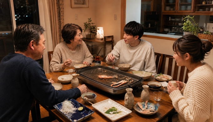 家族4人が食卓を囲み、ホットプレートに少量の蟹をのせて焼き始めている様子。