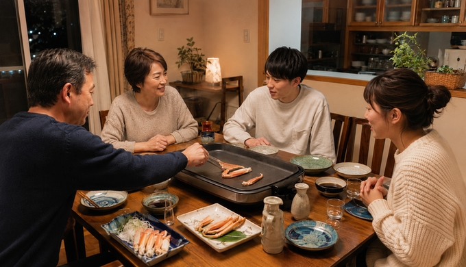 ホットプレートで蟹を焼きながら、家族が焼けた蟹を取り分けたり次に焼く蟹を見たりしている様子。