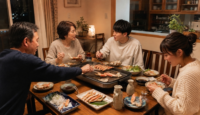 食事の終盤に、家族4人が残り少ない蟹をホットプレートで焼きながら会話している様子。