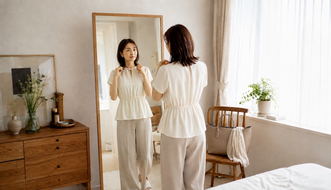自宅の鏡の前で、ブラウスのリボンに手を添えながら二つの着方を見比べる女性。