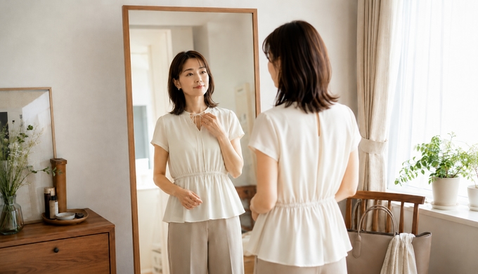 外出前、自宅の鏡を見ながらブラウスのリボンに手をかける女性。