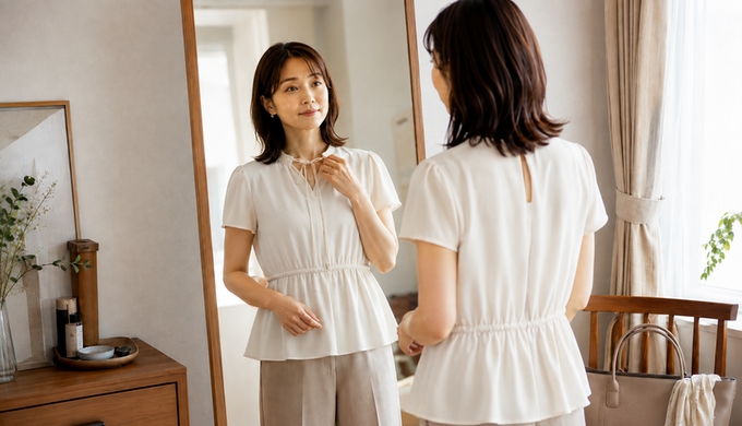 鏡の前でブラウスのリボンを調整し、結んだ場合と外した場合の印象を見比べる女性。
