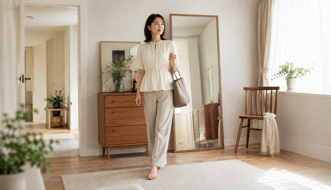 リボンを結んだブラウスを着て、バッグを持ち自宅から出かけようとする女性。