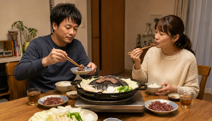 食卓で一種類目のマトンを焼いて取り分けながら、二人が順番に味を確かめている。