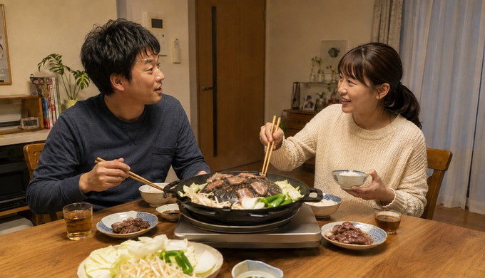 二種類のマトンを食べ比べた二人が、食卓でそれぞれ好みのほうを示しながら話している。