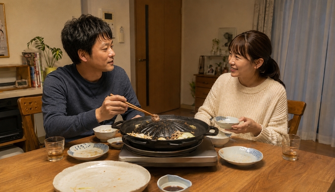 食事の終盤、ほぼ空になった食卓で、二人が残った肉を前に好みを話し合っている。