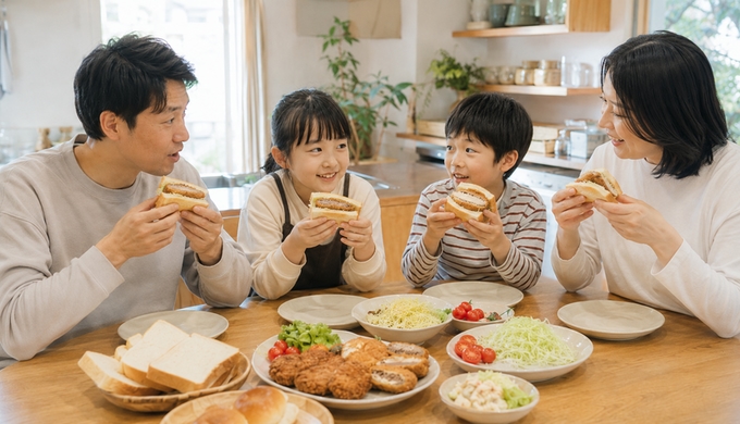 家族がそれぞれ異なるフライをはさんだサンドを手にし、互いのサンドを見ながら食卓を囲んでいる。