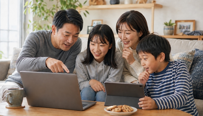 自宅のリビングで、家族4人がパソコンとタブレットを囲みながら似顔絵の作風を見比べている。