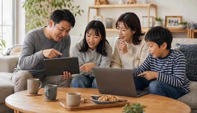 家族がパソコンとタブレットを囲み、それぞれ選んだ似顔絵の作風を見せ合っている。