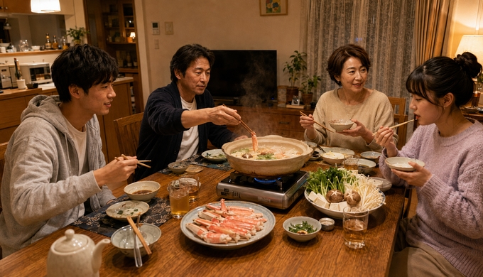 食卓に並んだむき身のカニを一人が取り、卓上鍋へ自分の分を入れようとしている。