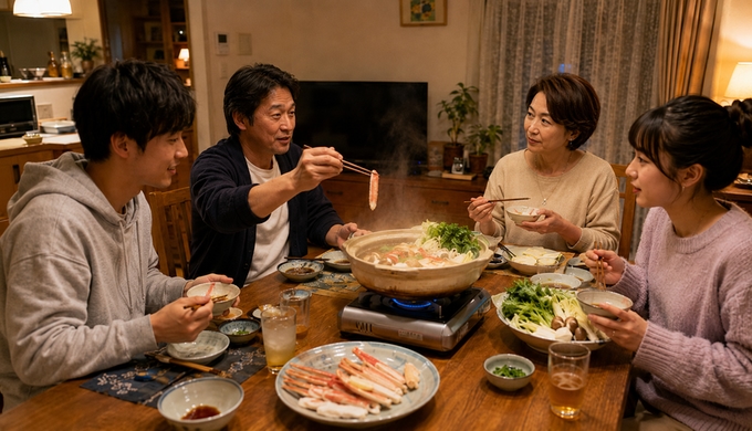 カニを鍋から引き上げる人と、もう少し火を通しながら食べ方について話す人たちが食卓を囲んでいる。