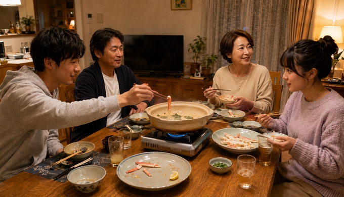 食事が進んだ卓上鍋を囲み、全員が席に座ったままカニを食べながら会話を続けている。