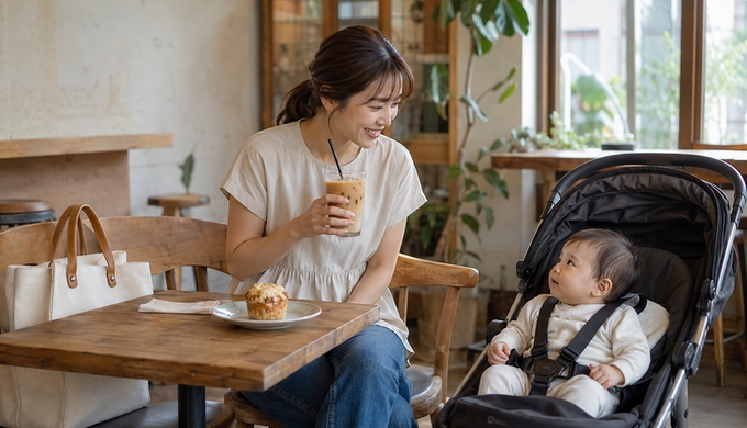 半袖のペプラムブラウスを着た女性が、近所のカフェでベビーカーの赤ちゃんと向かい合って過ごしている。