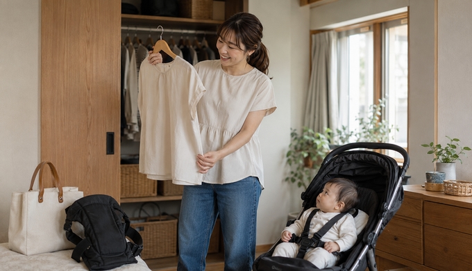 女性が自宅のクローゼット前で半袖のペプラムブラウスを手に取り、近くの赤ちゃんと外出の支度をしている。