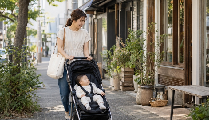 半袖のペプラムブラウスを着た女性が、赤ちゃんを乗せたベビーカーを押しながら近所の店先を歩いている。