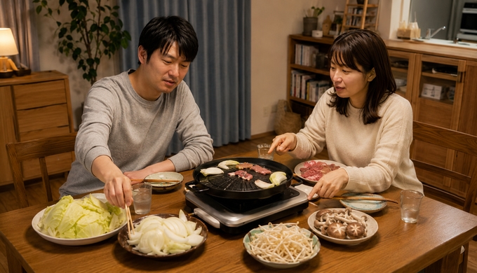 自宅の食卓で二人が玉ねぎ、キャベツ、きのこを並べ、ジンギスカンと一緒に焼き始めている。