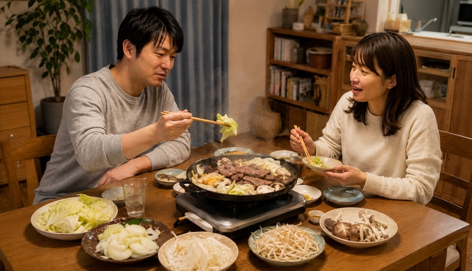 二人がジンギスカンと一緒に焼いた野菜を箸で取り、種類ごとに食べ比べている。