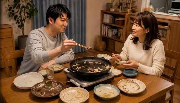 食事の終盤、ほぼ空になった皿と鍋を前に二人が残った肉や野菜を取りながら話している。