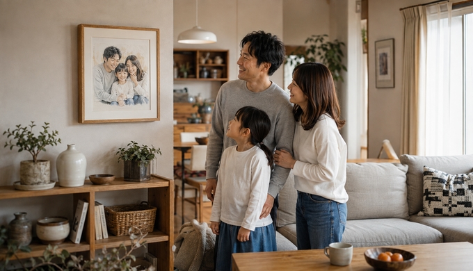 リビングに飾られた家族の似顔絵を、家族3人で一緒に眺めている。