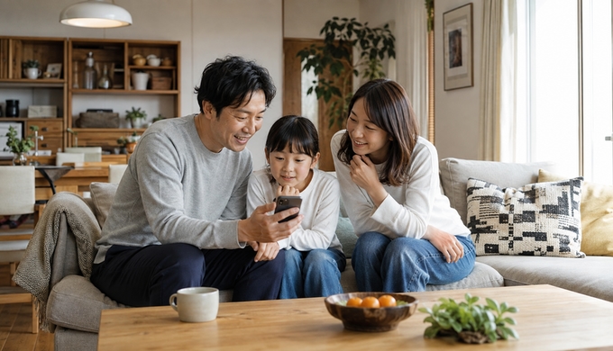 リビングのソファで、家族3人がスマホの家族写真を一緒に見ながら一枚を選んでいる。