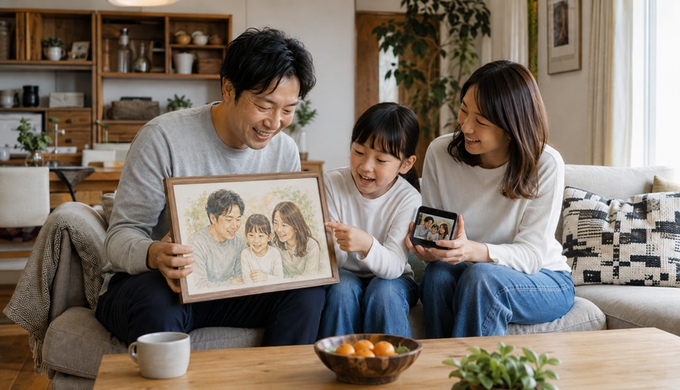 家族3人が、完成した額入りの似顔絵とスマホに表示した元の家族写真を見比べている。