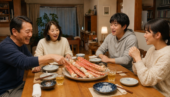 自宅の食卓に並んだ大きなカニ脚を前に、4人が手を伸ばしたり見つめたりしている。