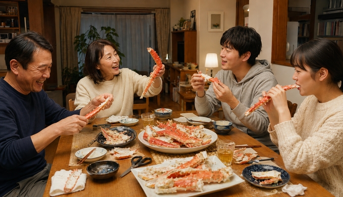 4人が大きなカニ脚を手に取り、殻を開いたり食べたりしながら会話している。