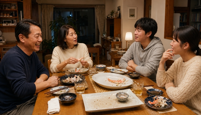 食べ終えたカニの殻が残る食卓で、4人が食事の終盤に会話を続けている。