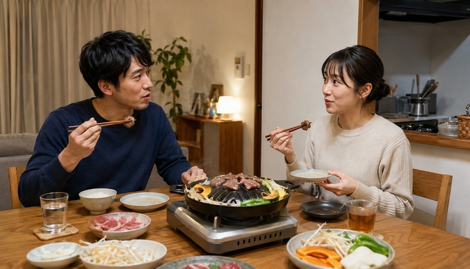 自宅の食卓で二人が卓上グリルのマトンを食べながら感想を話している。