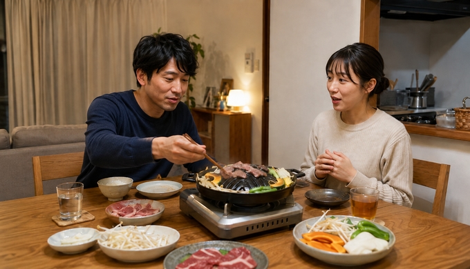 自宅の食卓で一人が卓上グリルのマトンを焼き、もう一人がその様子を見ている。