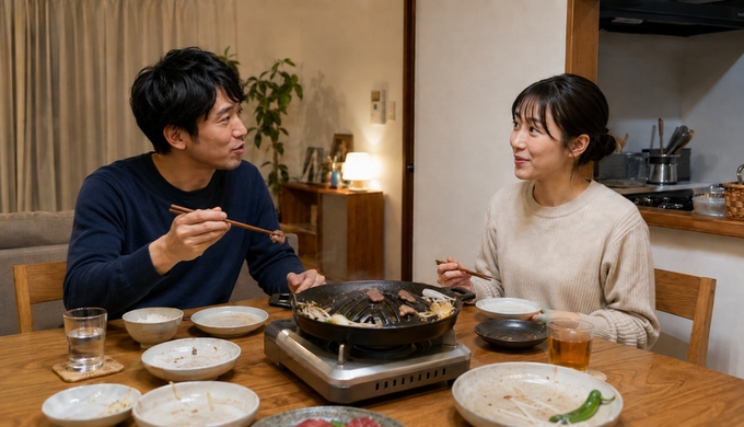 食事が進んだ食卓で、二人が残ったマトンを食べながら会話している。