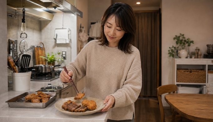 自宅のキッチンで、一口サイズのカツやコロッケを少量ずつ大きな皿へ盛り付けている人物。