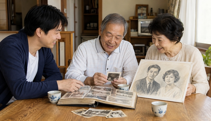 家族がテーブルを囲み、昔の写真と若いころの二人を描いた似顔絵を一緒に眺めている。