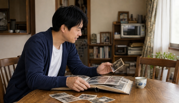 テーブルで古いアルバムを開き、昔の家族写真の中から一枚を選んでいる。
