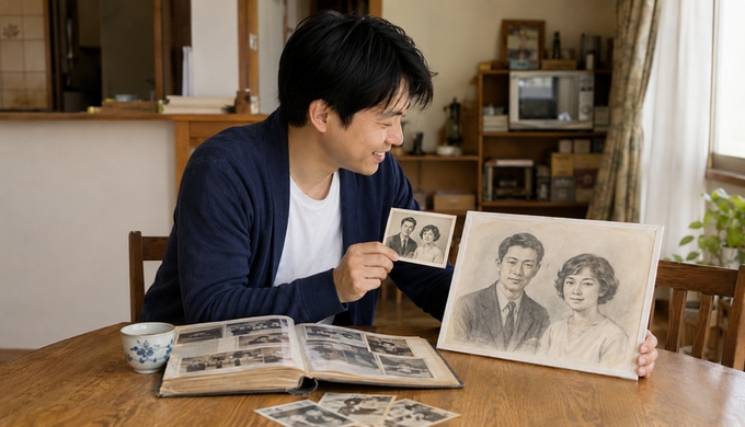選んだ昔の写真と、その二人をもとに描かれた似顔絵を並べて見比べている。