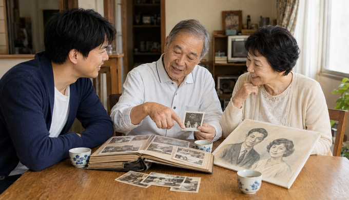 家族が昔の写真と似顔絵を囲み、写真を指しながら当時の話をしている。