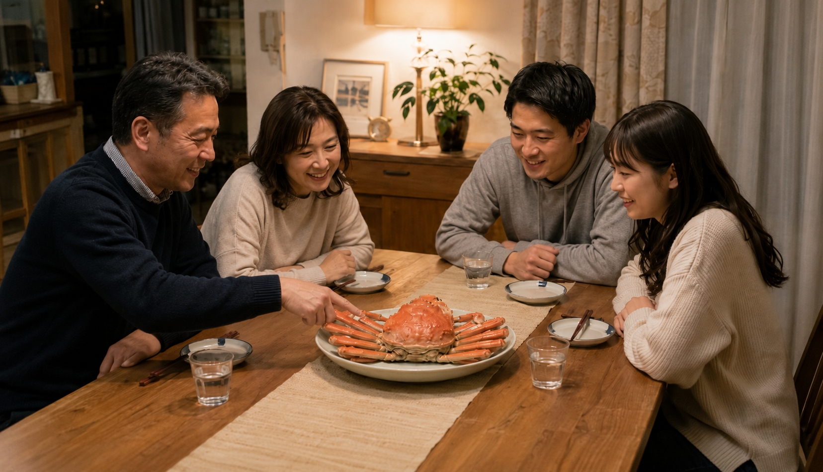 姿のまま置かれたカニを4人で見ながら、どこから食べるか話している様子。