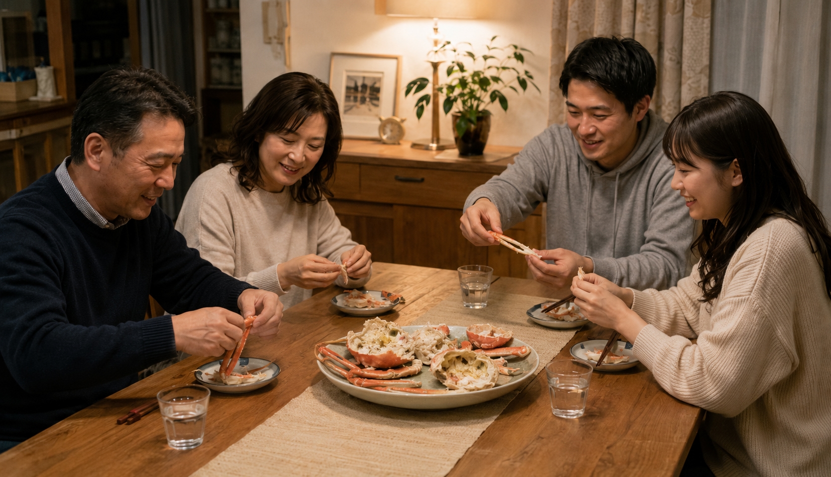 4人がカニの脚や殻を手に取り、身を取り出しながら食べ進めている様子。