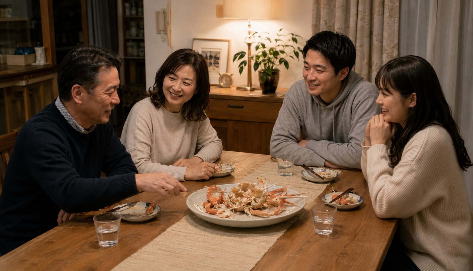 食べ終えたカニの殻が残る食卓を囲み、4人が会話を続けている様子。