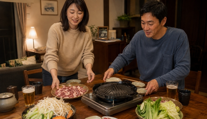 自宅の食卓で二人がジンギスカン鍋と味付けされた肉を並べ、夕食を始める準備をしている。