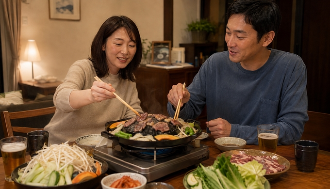 二人が卓上のジンギスカン鍋へ箸を伸ばし、肉を焼きながら食事をしている。