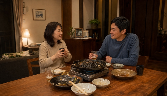 食事を終えた二人が、使い終わったジンギスカン鍋や食器が残る食卓で向かい合って話している。
