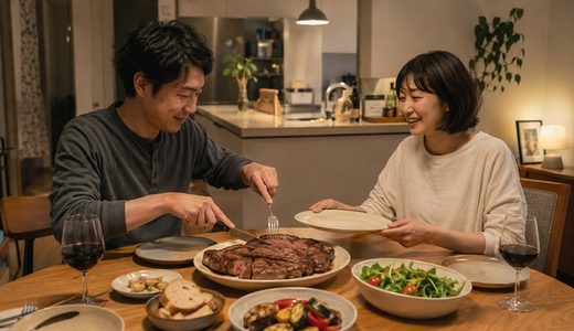 週末の夜、大きな赤身ステーキを一枚焼いて囲む