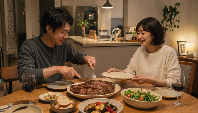 自宅の食卓で、大きなステーキを切り分けながら二人で囲んでいる様子。