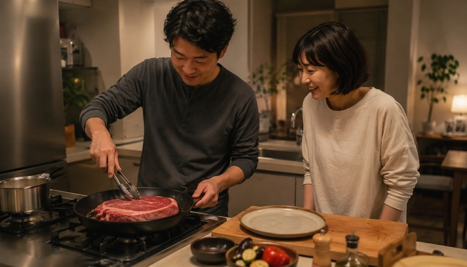 自宅のキッチンで、大きな赤身のステーキをフライパンで一枚のまま焼いている様子。