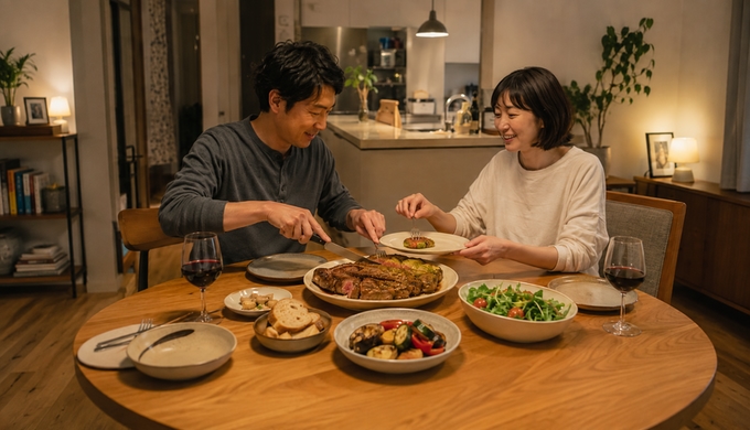 食卓の中央に置いた大きなステーキを切り分け、それぞれの皿へ取り分けている様子。
