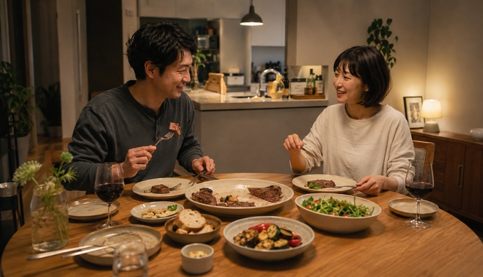食事が進んだ食卓で、切り分けたステーキを食べながら二人で会話している様子。